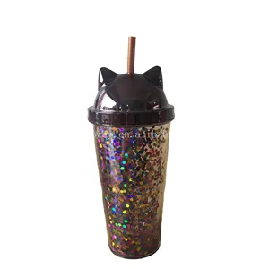 380ml Hot Drink Cup, Plastic Double Layer Cat Ear Sippy Cup, Cute Thermos  Hot Coffee Mug, Glitter Customizable Logo