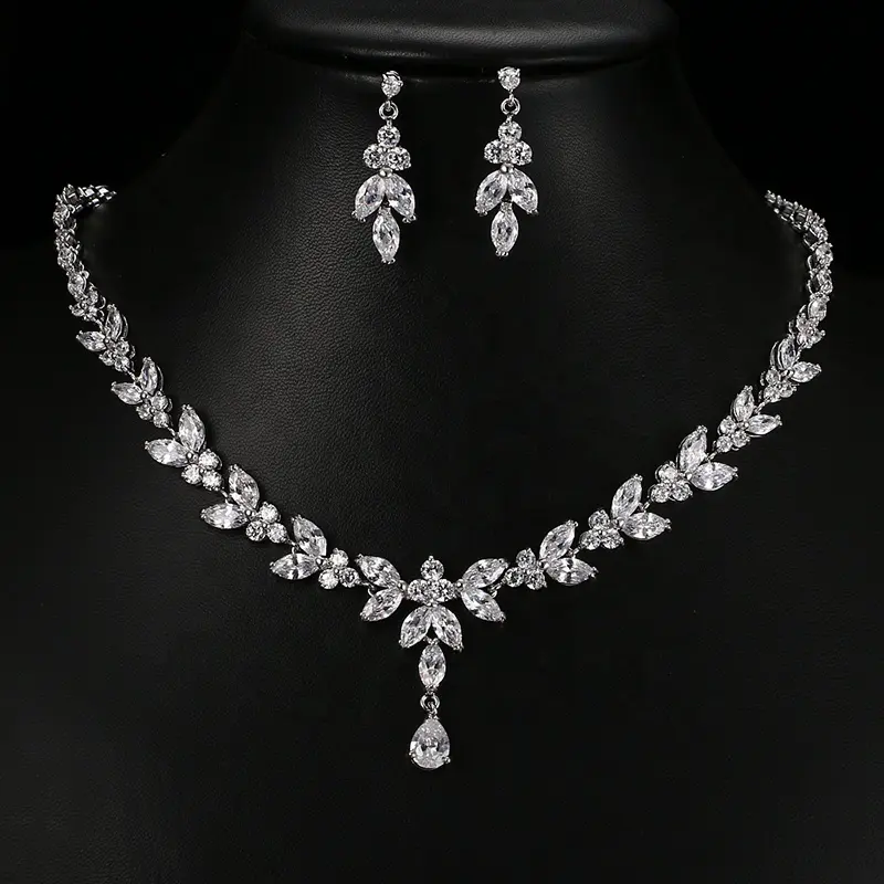 Baru Set Perhiasan Warna Emas Mawar Zirkon Kristal Daun Bunga Kustom Pernikahan Liontin Pengantin Dubai Anting Menjuntai