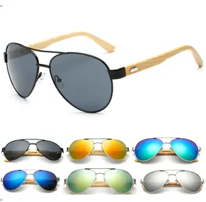 Stilvolle Aviation Metallrahmen Sonnenbrille mit bunten polarisierten natürlichen Bambus Holz Sonnenbrille mit Metalls ch arnier