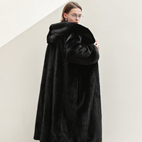 Manteau en fourrure de vison véritable pour femme, long, noir, avec capuche, chaud et élégant pour l'hiver