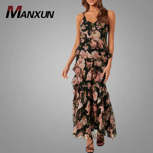 Robes à bretelles modestes <span class=keywords><strong>Robe</strong></span> à la mode Poppy Petite Ruffle Col en V Dentelle Dos nu Causal Lady Maxi Dresses - Product Image 1