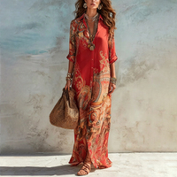 Nouvelles arrivées : Robe longue bohème pour femme, imprimé vintage, manches courtes, boutonnée, élégante, ethnique, pour la plage et les vacances, fluide, été