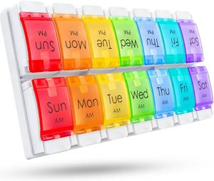 Organizador Semanal de Pastillas Grande, 2 Tomas Diarias, 7 Días, Estuche de Plástico AM/PM, Dispensador Patentado con Botón de Presión, Porta Vitaminas, Diseño de Pez - Product Image 1