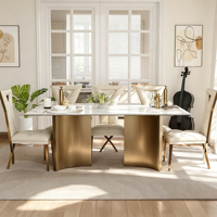 Table à manger rectangulaire moderne avec plateau en verre trempé, pieds en métal incurvé doré, table à manger minimaliste pour la salle à manger à domicile