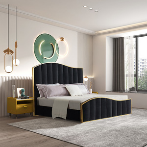 Cama de Cuero Italiano CK215, Cama Moderna de Lujo para Dormitorio con Tela de Terciopelo Negro, Respaldo Grande y Estructura de Madera con Bolsa Suave - Product Image 3