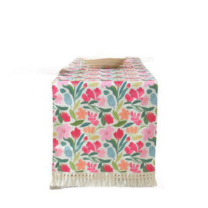 New fresh and pastoral style table runner with floral print and tassel trim, long strip fabric tablecloth in American country - Product Image 4