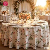 Nappe HuaLai en polyester et lin imprimé floral rose vintage blanc et vert, résistante aux plis, idéale pour mariages, banquets et décorations de fête