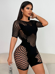 Nuevos Monos Cortos Negros de Color Sólido para Mujer, Monos Ajustados Sexys con Recortes de Encaje, Ropa de Club para Mujer - Product Image 3