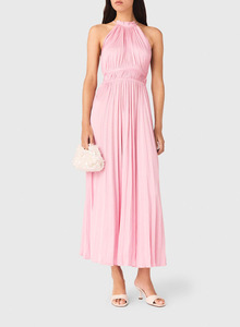 Robe longue plissée en satin pour femmes, col halter, taille smockée avec ceinture à nouer, robe de soirée d'été pour femmes - Product Image 2