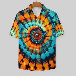 Chemise à manches courtes à col montant, motif totem arc-en-ciel psychédélique mystérieux hawaïen, tie-dye, avec poche à revers, logo personnalisé, ODM - Product Image 1
