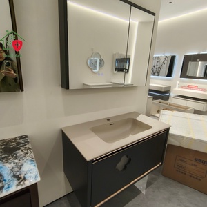 Meuble de salle de bain noir de luxe avec miroir de rangement, lavabo mural en or rose givré - Product Image 3