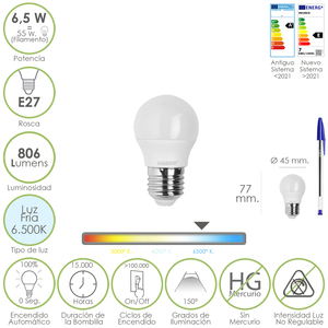 Lampadina LED, sferica, attacco E27. 6,5 Watt. Equivalente a 55 Watt. 806 Lumen. Bianco Freddo 6500K. - Product Image 1