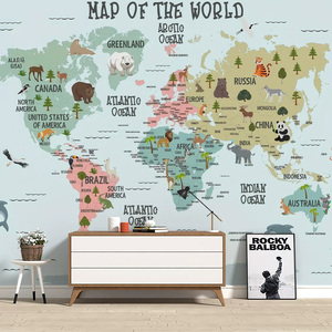 Mural de Pared con Mapa del Mundo Art Deco y Animales, Diseño Geométrico Personalizado, Impresión por Transferencia de Calor, Educativo, para Hoteles y Restaurantes - Product Image 1