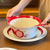 Service de table en porcelaine rouge grenade de luxe rétro haut de gamme, assiettes, bols et tasses en céramique rondes, portables pour la maison et le restaurant