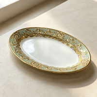 Service de couverts en céramique vintage HUAIYI, vert et or, motif floral gravé, vaisselle de luxe pour mariage, banquet, fête
