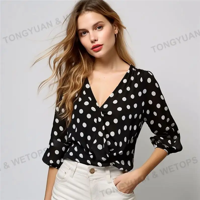 Übergroße Frauen blusen Eleganter Polka Dot Print V V-Ausschnitt Shirt Hot Sale Damenmode Niedliche Plus Size T-Shirts