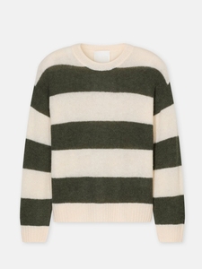 Suéter de punto afelpado con cuello redondo y rayas anchas para hombre, verde con bloques de color crema, tejido cepillado, ideal para invierno. - Product Image 6