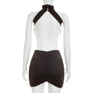 Robe pour femme Viviblook J26DS292, nouvelle robe moulante mini plissée sans manches, couleur unie, décontractée, dos nu - Product Image 2