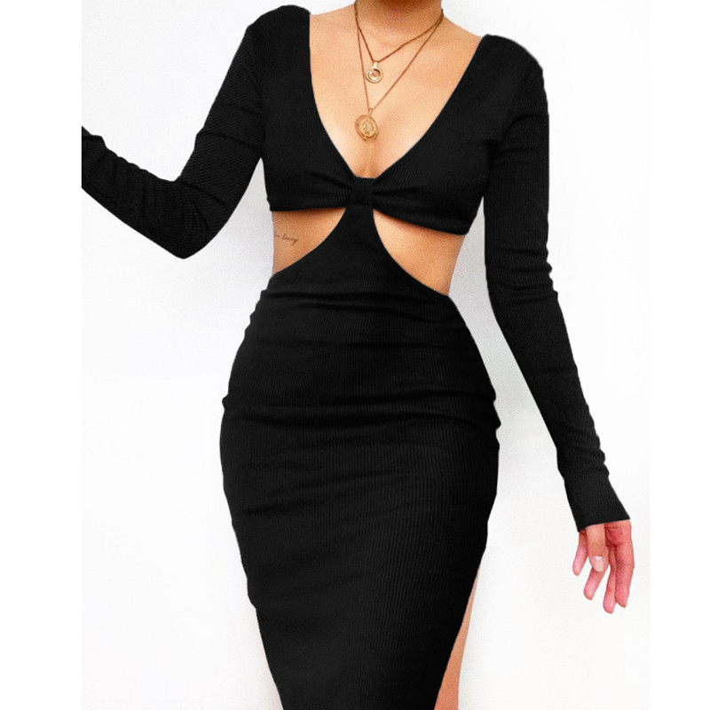 Modern stylish v neck long sleeve outfit ribbed maxi dress women