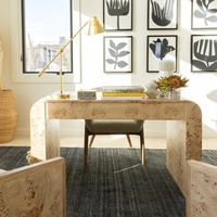 Bureau en bois de burl avec cascade de tiroirs et pieds en dalle, bureau moderne pour bureau à domicile, bureau contemporain en cascade pour maison et hôtel