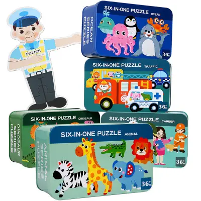 New Children's Wooden Puzzle Baby Early Educational Toys Cartoon Animal Traffic Wood Jigsaw Puzzles Kids of the Six-in-One Toys