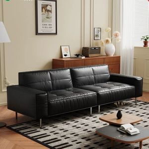 Vintage French Retro Oil Waxed Leather <b>Sofa</b> Straight Shape Tufted Foam Filling For Small Living Rooms - Product Image 1
