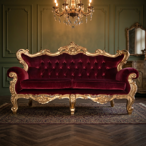 Sofá de Salón de Tres Plazas de Lujo Estilo Barroco Francés, Terciopelo Rojo Dorado con Madera de Caoba Tallada Europea, Diseño de Secciones Acolchadas - Product Image 2