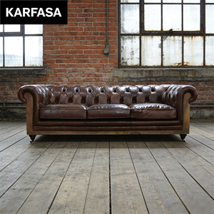 Sofa Dua Dudukan Kulit Sapi Asli Chesterfield Gaya Vintage Amerika untuk Ruang Tamu dengan Gaya Antik Kayu - Product Image 4