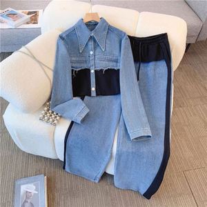 Spring Casual 2 Piece Long Set Women V-neck Full Sleeve <b>Top</b> <b>Patchwork</b> Woven Denim Pants Jogging Suit Anti-wrinkle Breathable - Product Image 2