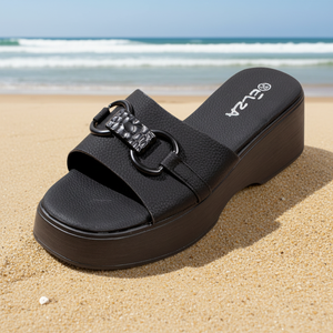 Sandalias de Plataforma con Cuña Negra para Mujer, con Hebilla Metálica y Punta Abierta, para la Playa, Venta al Por Mayor - Product Image 1