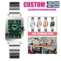 Montre carrée pour femme à quartz, cadran diamanté, boîtier en acier inoxydable, mouvement japonais, bracelet en cuir, logo personnalisé, fabricant OEM ODM