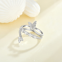Anneaux d'ouverture en couches tendance de qualité supérieure Bague en zircone papillon en argent sterling S925 réglable