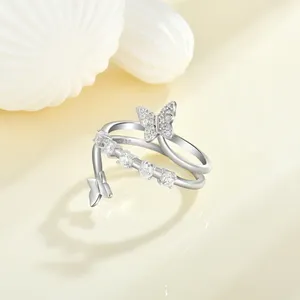 Top Quality Trending Layered Opening Rings Adjustable S925 Sterling Silver Butterfly Zirconia Ring