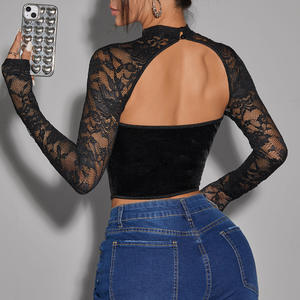 Haut de <span class=keywords><strong>corset</strong></span> <span class=keywords><strong>transparent</strong></span> sexy à manches longues et dos nu en maille pour tout le corps, <span class=keywords><strong>noir</strong></span> et en dentelle - Product Image 3
