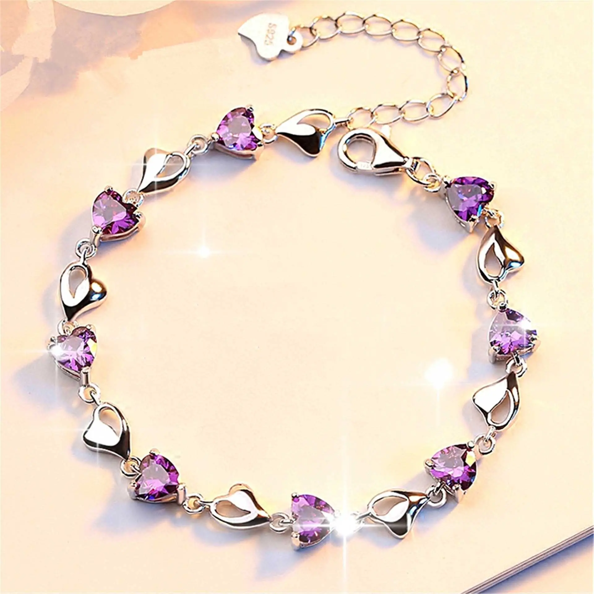 Romantic Wedding Gift Purple Blue Amethyst Crystal Heart Chain Bracelet for Women