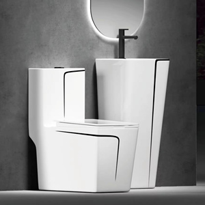 Ensemble de toilettes en céramique moderne gris et or, WC monobloc, lavabo, cuvette de toilette, sanitaires en céramique, salle de bain - Product Image 6