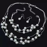 Ensemble de bijoux de mariée pour femmes, 3 pièces, collier, boucles d'oreilles et bracelet en perles de verre, blanc, multicouche, empilé, pour mariage et fête