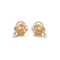 Anting-anting stud mewah bergaya vintage Prancis ala Amerika Eropa, desain niche, ringan, mewah, zircon, mutiara, keranjang bunga, bambu