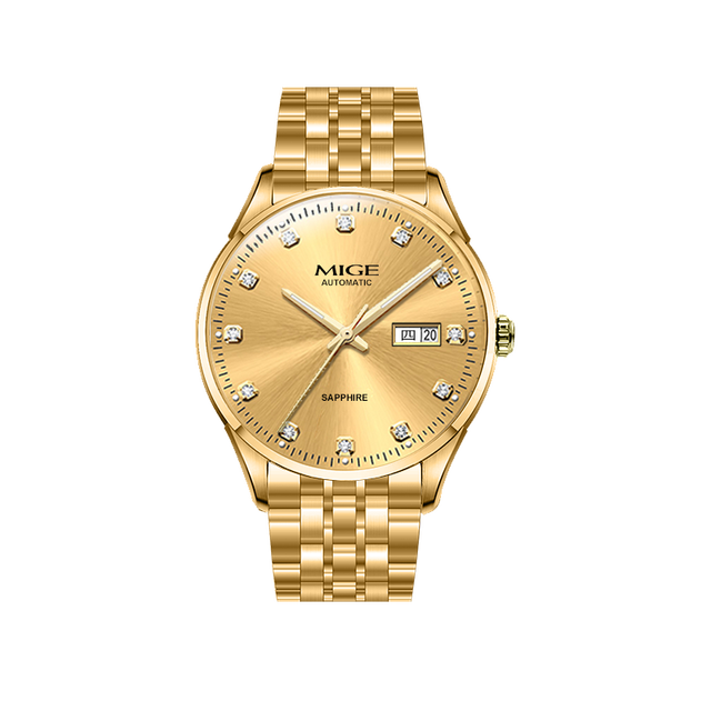 MIGE Men's Automatic Mechanical Watch Gold Stainless Steel Band Sapphire Crystal Dial 38mm Analog Date Display Luxury Fashion