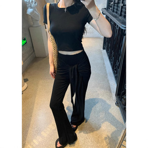 Women's Casual Set Black Solid Color Short Sleeve Crop Top With Flare Pants Knitted Polyester YX-2101 - Product Image 3
