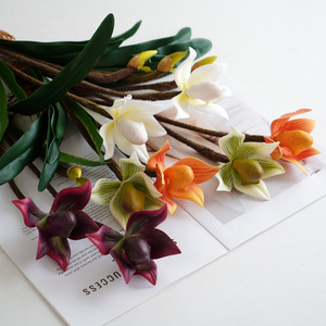 Bouquet d'orchidées artificielles Paphiopedilum en PVC, aspect réaliste, avec feuilles, décoration d'intérieur, accessoires de mariage - Product Image 3