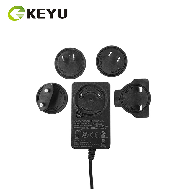 36W Interchangeable Plugs Power Adapter 24V1.5A All-in-one Chargers Ac Dc 12v3a Adapters with UK US EU Plugs