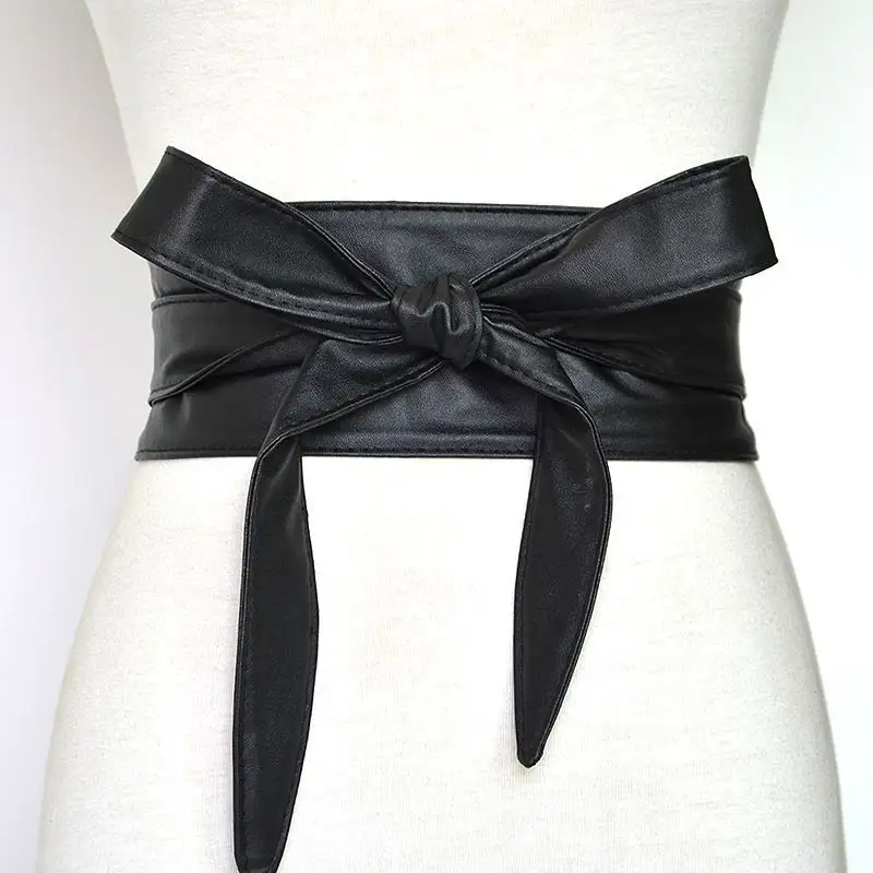 Women's Leatherette Wide Waistband Obi Belt Faux Leather Wrap Around Cinch Boho Band Bowknot Waist belt Cummerbund