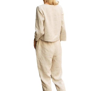 Bộ quần áo nữ cỡ lớn chất liệu cotton linen, áo thun cổ tròn, quần ống rộng lưng cao có dây rút, kiểu dáng rộng rãi, nhiều lựa chọn - Product Image 2