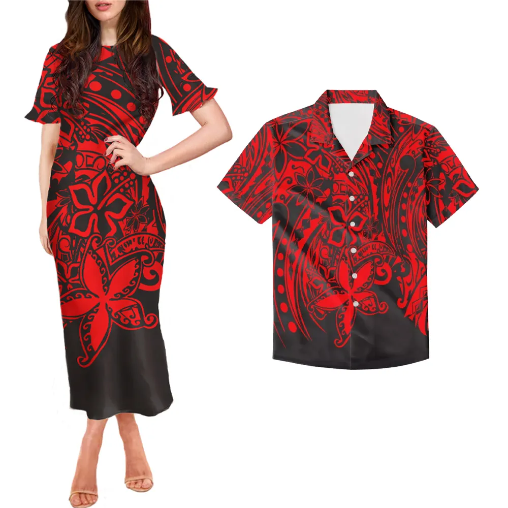 New Design Two Piece Set Couple Clothing Mens Shirt Plus Womens Party Maxi Dress Polynesian Tribal Style Couple Dress Clothing