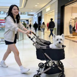 Poussette pliable JXB à 4 roues pour chiens et chats avec frein, design en maille, roues tout-terrain - Voyage sans tracas - Product Image 6