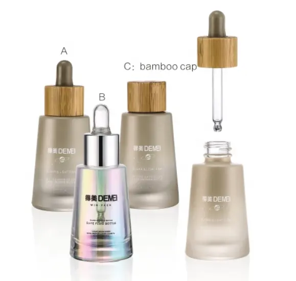 30ml 1oz skincare glass serum bottle with bamboo dropper and the customized color bulb