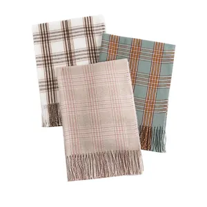 Soft Pashmina Neck Scarves Asia Shawl Ladies Plaid Tassel Cashmere Winter Scarf for Women