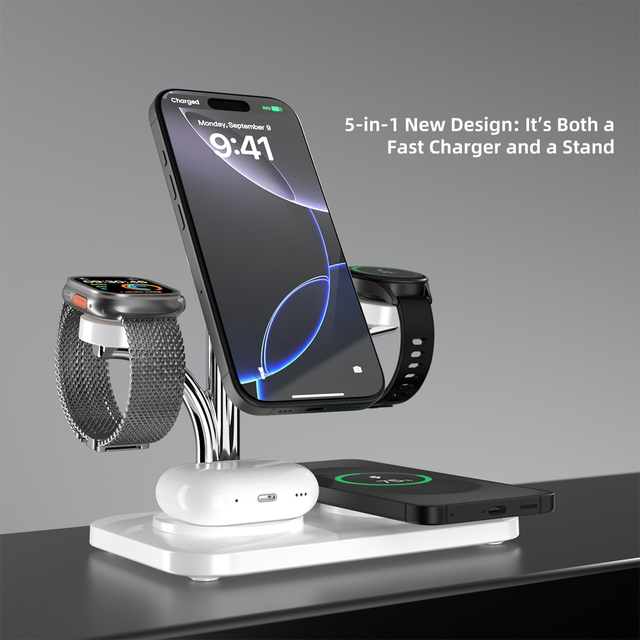 15W Foldable Portable Magnetic Wireless Charger Station 5-1 Supports Simultaneous Charging of 2 Mobile Phones for Samsung Phone