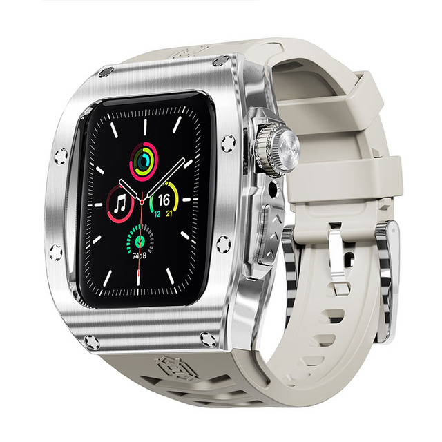 Shellbox Food-Grade Gold/Steel/Black Colored 304 44/45mm Watch Stainless Steel Case for Apple Watch With Silicon Watchband